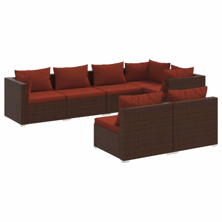 Set Divani da Giardino 7 pz con Cuscini in Polyrattan Marrone