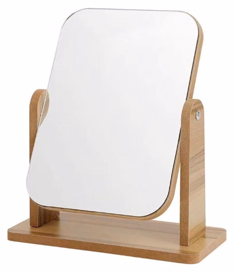 Specchio da trucco in legno, girevole a 360°, dimensioni 20x18 cm