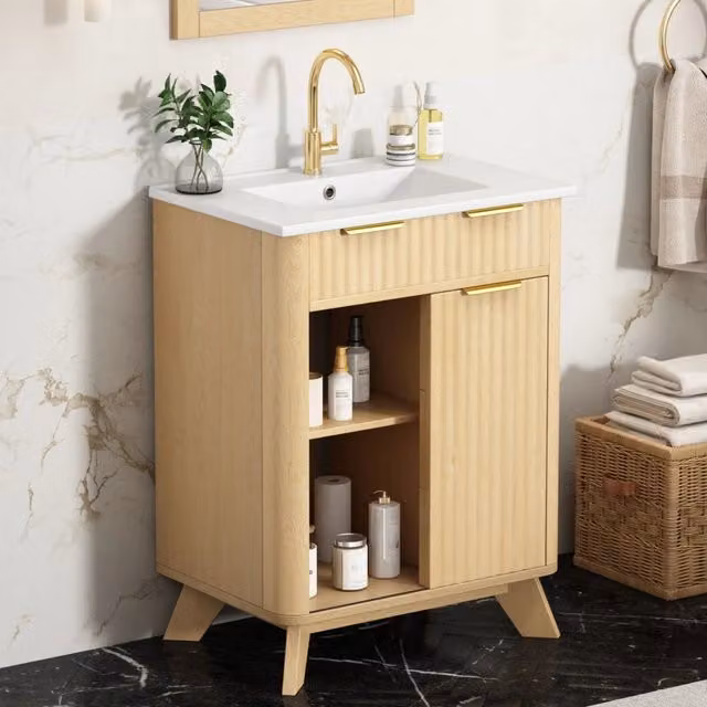 Mobile sottolavabo con lavabo in ceramica 3 cassetti anta scorrevole con ripiano color legno naturale 61 × 47 × 90 cm