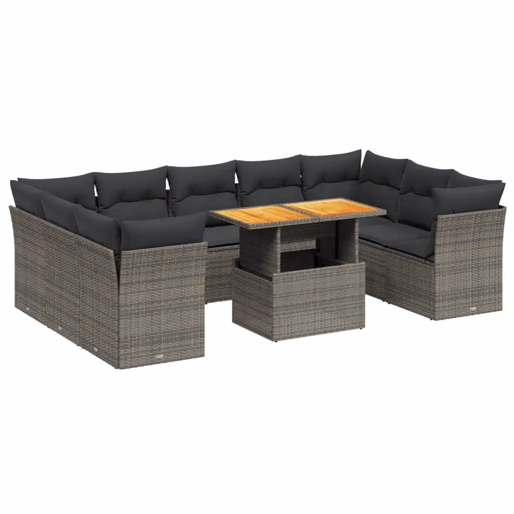vidaXL Set Divano da Giardino 10 pz in Polyrattan Grigio con Cuscini e Tavolino – 2