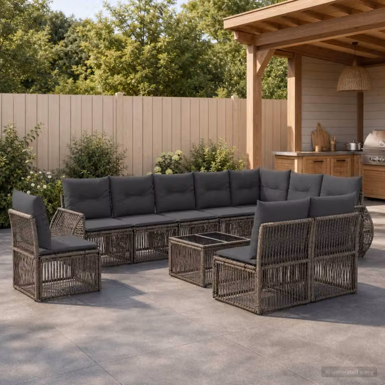 Set Divano da Giardino vidaXL 11 pz in Polyrattan Grigio e Antracite con Tavolino e Cuscini