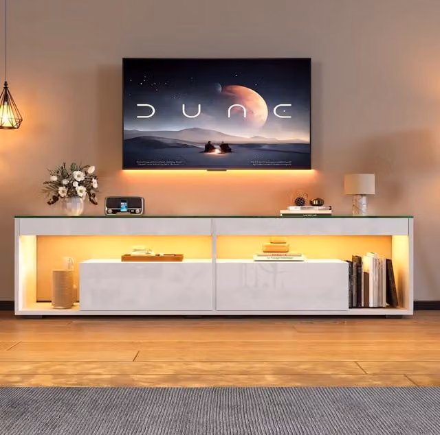 Mobile TV ULEVR 180x40x46 cm con LED dimmerabile, 2 cassetti e vetro temprato, bianco