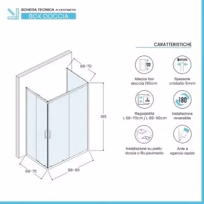 Box doccia Tay a 3 lati con doppio sistema scorrevole, forma rettangolare a U, colore nero opaco e vetro trasparente, L: 90 cm, P: 70 cm, H: 195 cm – 2