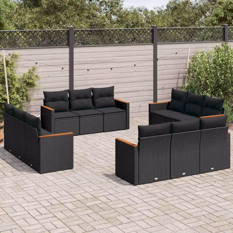 Set di divani da giardino vidaXL a forma di U composto da 12 pezzi in polyrattan nero con cuscini inclusi