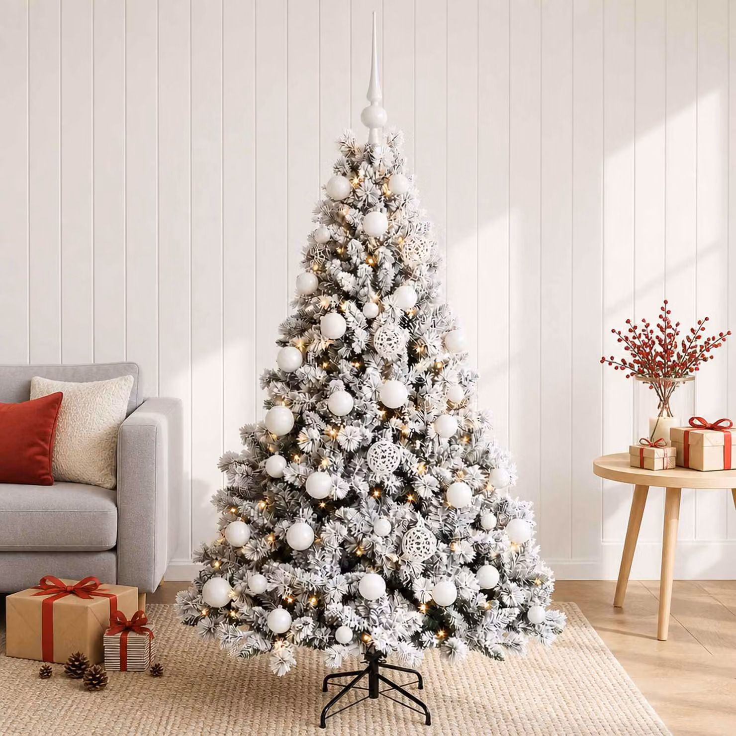 Albero di Natale artificiale verde con palline bianche e 150 LED luce bianca calda vidaXL, Altezza: 120 cm