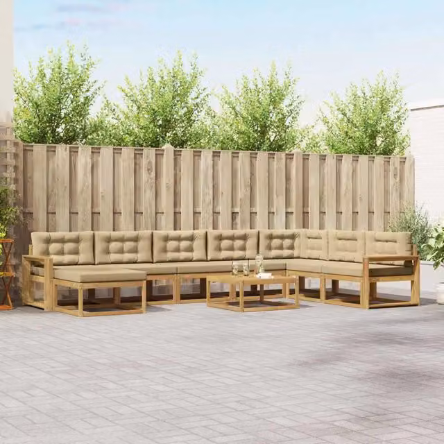 Set di divani da esterno a forma di U vidaXL in legno di acacia con tavolino e pouf, Bianco e Beige – 1