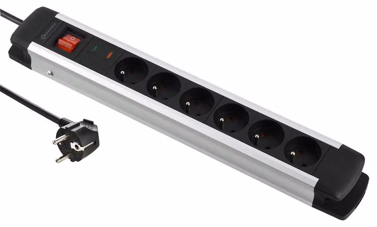 Electraline 35436 Alu-Line, ciabatta con 6 prese, struttura in alluminio e protezione da sovratensione, 2 m, nero