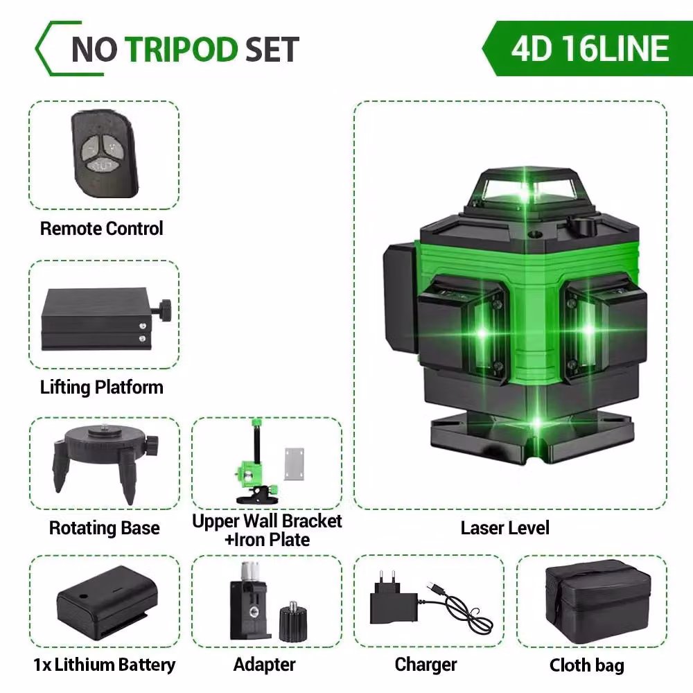 Livella laser a croce - 4D, 16 linee - Luce laser verde - Autolivellante - 360° orizzontale e verticale - Batteria inclusa - Custodia in tessuto