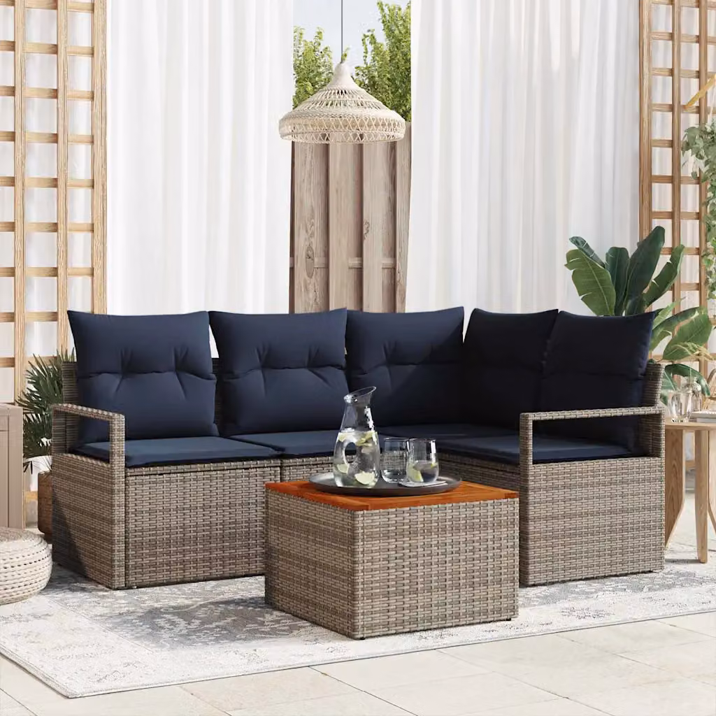 Set Divano da Giardino 5 Pezzi vidaXL Grigio con Cuscini e Tavolino in Polyrattan e Acciaio