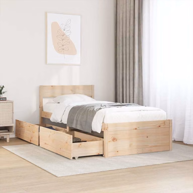 Letto senza materasso vidaXL in legno massello di pino marrone con cassetti L/P/H: 195.5 x 90 x 78 cm