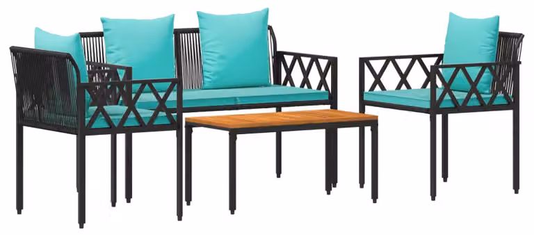 Set di mobili da giardino, 4 pezzi, colore nero e turchese, in rattan sintetico