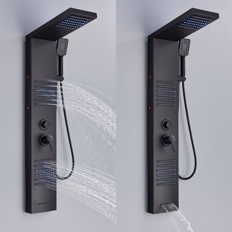 Pannello doccia a colonna con doccia a pioggia e cascata – Colore: nero opaco – Acciaio inossidabile – 5 funzioni