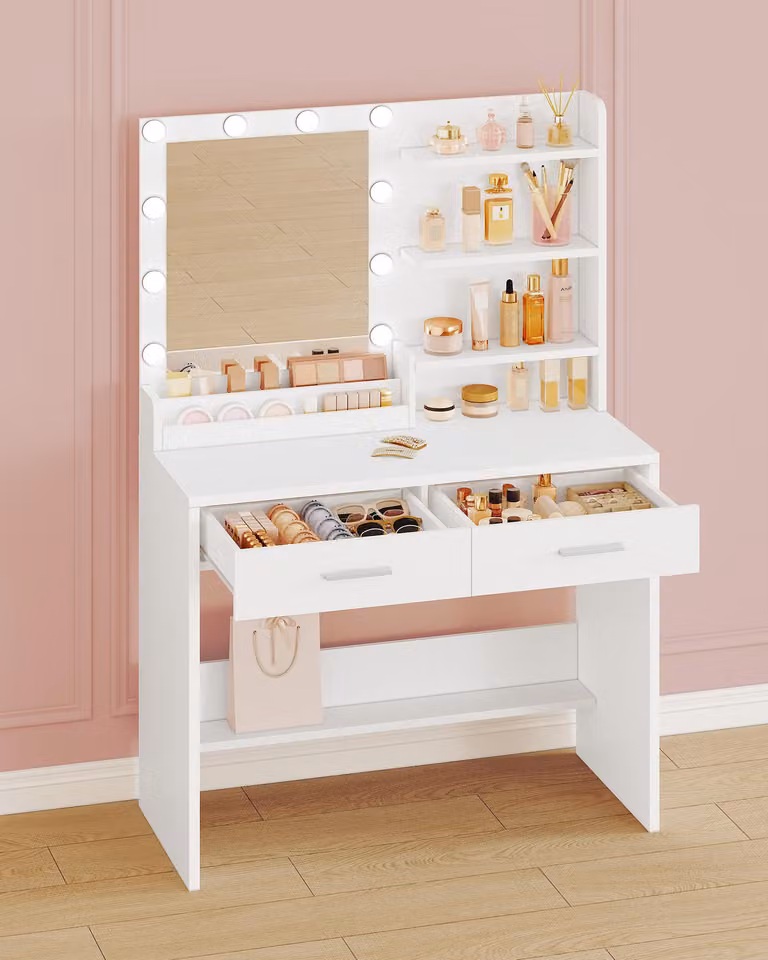 Comò con specchio - Bianco - Illuminazione LED - 2 cassetti e 4 ripiani
