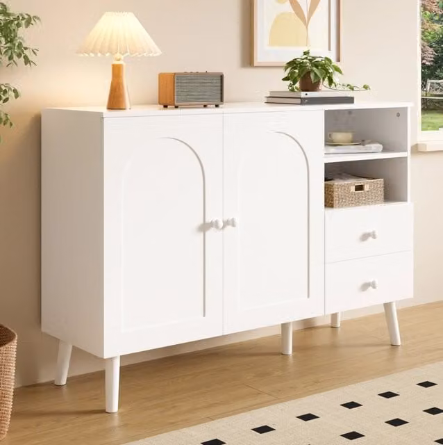 Credenza ULEVR 118x35x82 cm con 2 ante curve, 2 cassetti e vani aperti, bianca