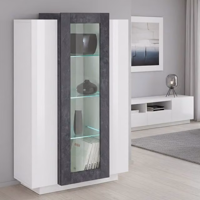 Vetrina Espositore DMORA Kevin con 7 Ripiani e Ante in Vetro, Bianco Lucido, L: 80 cm, P: 38 cm, H: 121 cm