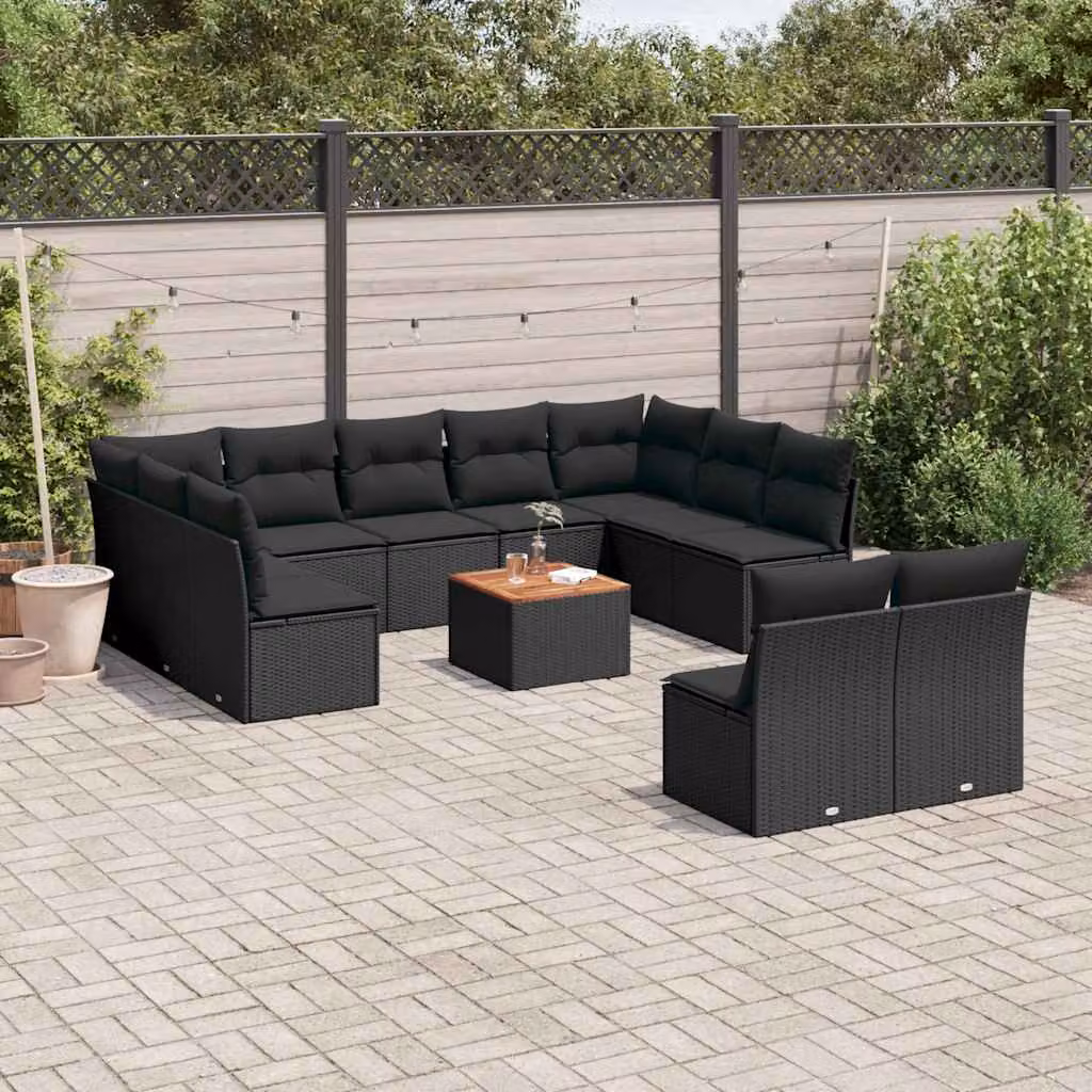 vidaXL Set Divani da Giardino a L con Cuscini e Tavolino, Polyrattan e Legno di Acacia, Nero e Marrone – 1