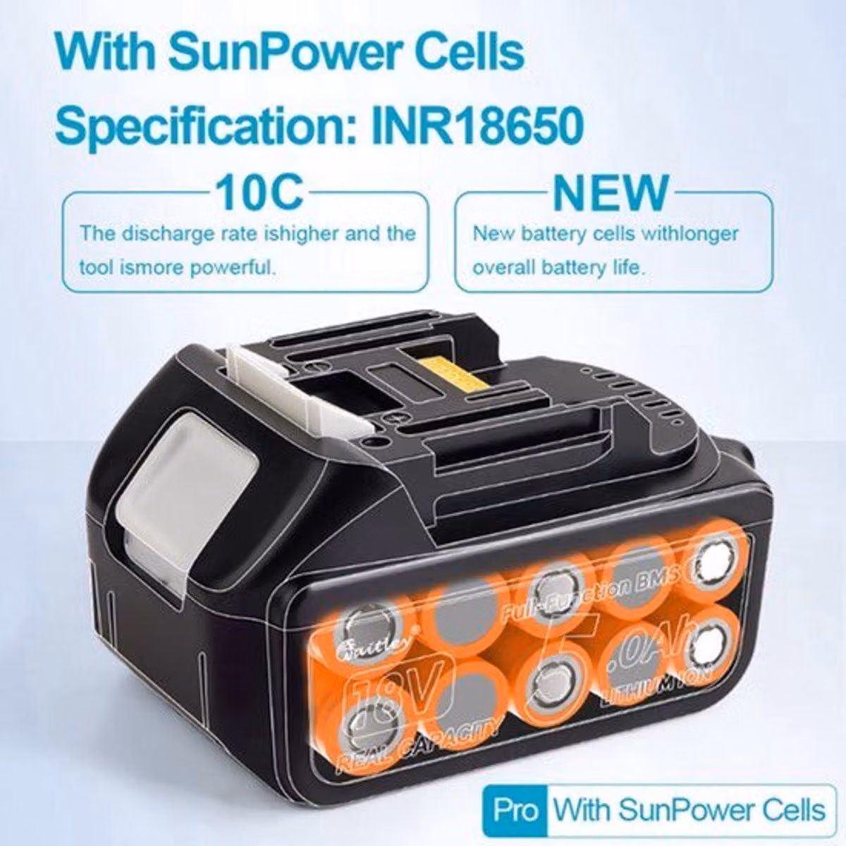 Batteria di ricambio per utensili da 18V - 5Ah agli ioni di litio - Alta capacità - Ricaricabile