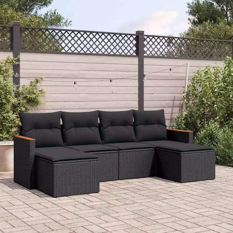 Set Divano da Giardino vidaXL 6 pz in Polyrattan Nero con Cuscini e Ottoman L-Shape