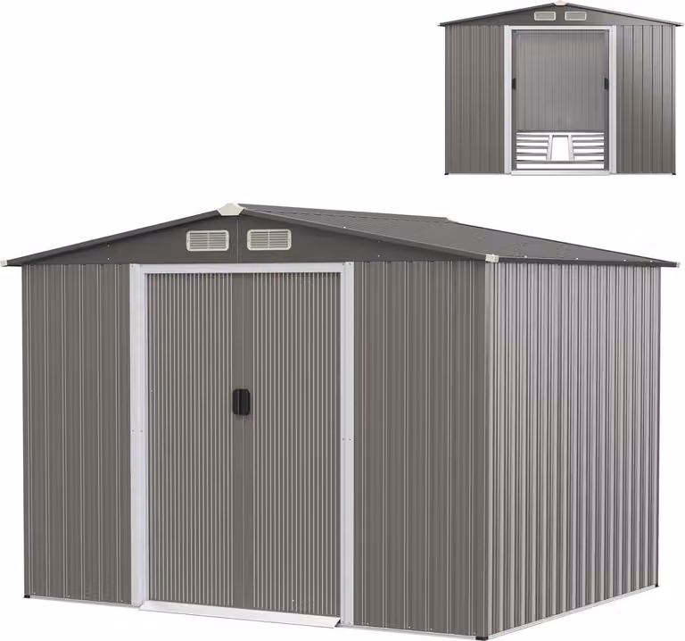 Capanno in metallo, casetta da giardino con fondamenta e tetto a due falde, ripostiglio con 2 porte scorrevoli e 4 finestre di ventilazione, capanno da giardino per esterni, 260 x 207 x 181 cm (grigio scuro)
