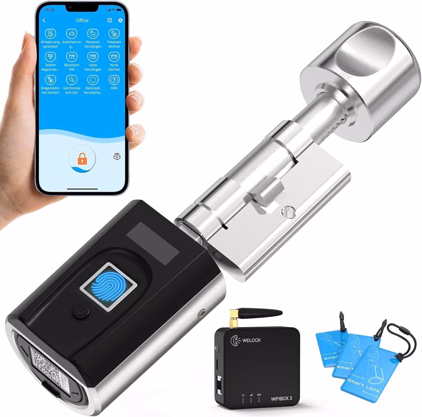 Serratura elettronica per porta d'ingresso con lettore di impronte digitali, modello SECBN51WIFIBOX, con lettore di carte RFID, connessione Wi-Fi e controllo tramite app, compatibile con Alexa, grado di protezione IP65, adatta per porte con spessore da 30