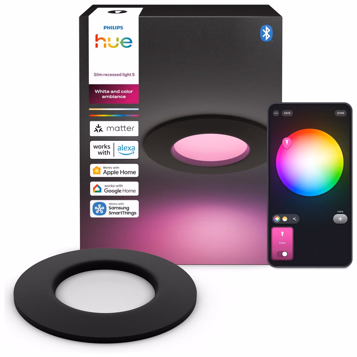 Philips Hue White and Color ambiance Lampada da incasso sottile da 90 mm, Bluetooth/Zigbee, Nero, LED, Policarbonato (PC), Altro, 1000 K