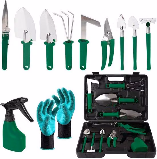 Set di attrezzi da giardino, set da 11 pezzi con borsa da trasporto, set di attrezzi da giardino per scavare, piantare e potare, set di attrezzi da giardino verde con guanti per uomo e donna