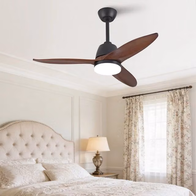 Ventilatore a soffitto moderno MINIMAL nero con pale in legno massello, motore DC reversibile, luce LED dimmerabile e telecomando