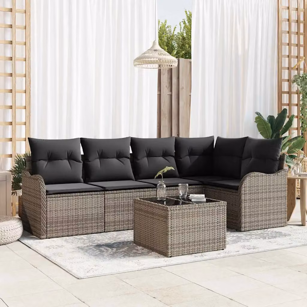 Set Divano da Giardino vidaXL 6 pz Grigio con Poltrona, Tavolino e Ottoman in Polyrattan e Metallo – 1