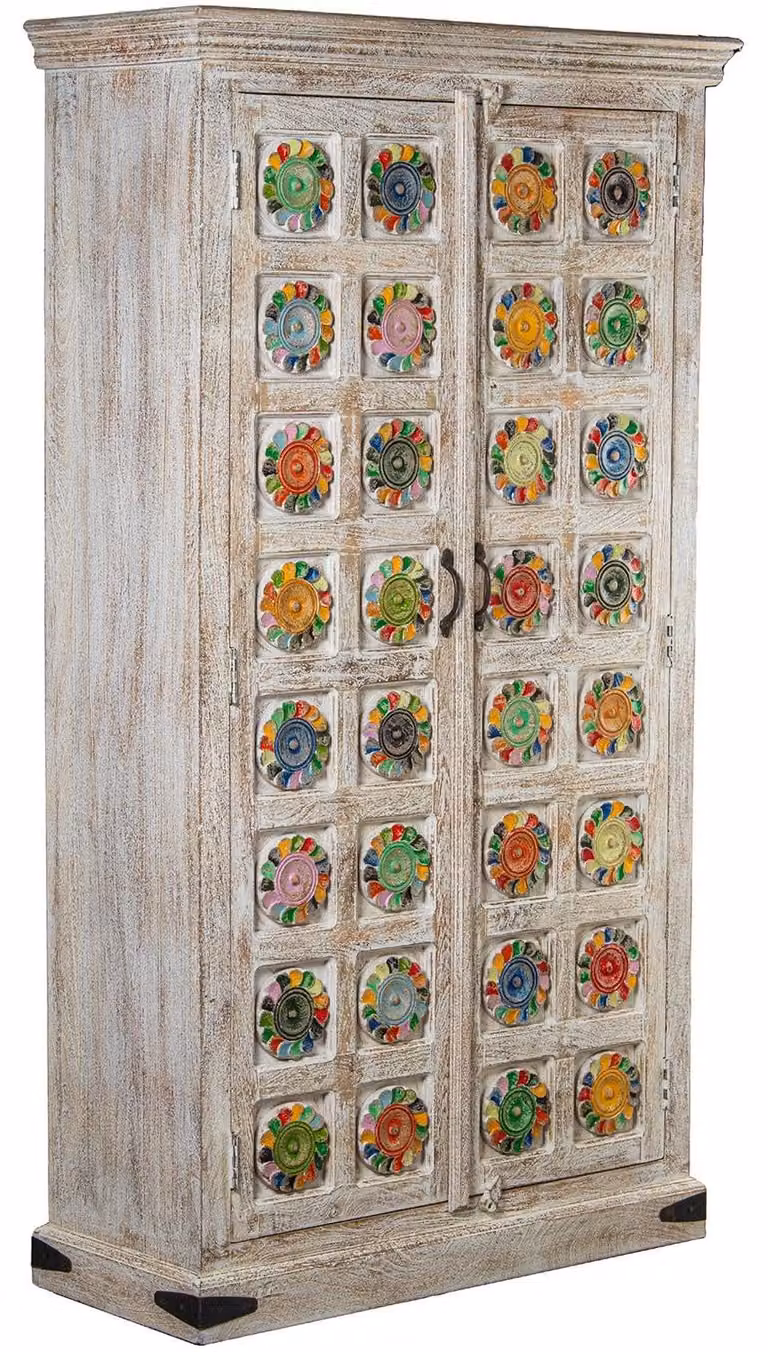 Armadio a due ante, stile etnico, in legno, verniciato di bianco, dimensioni 100x40x180 cm