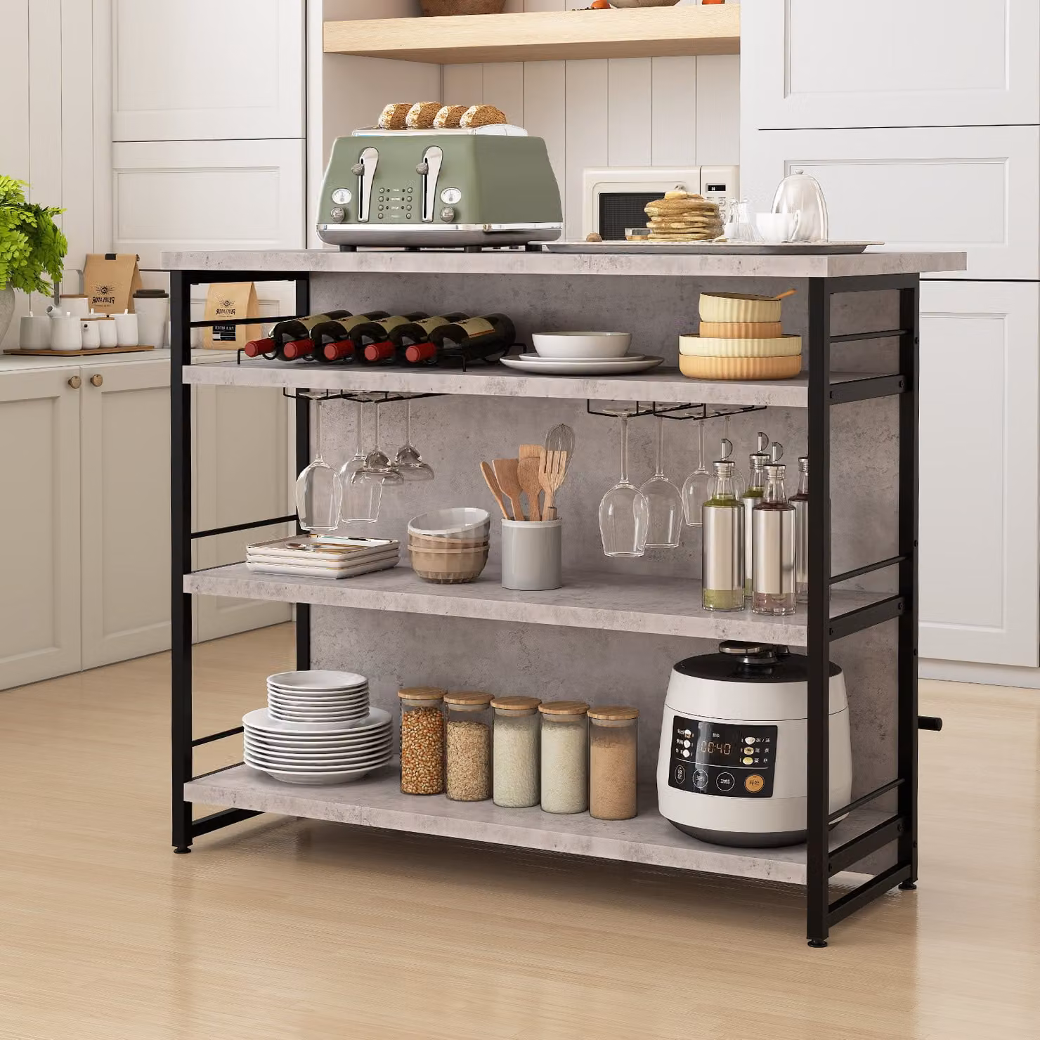 Isola cucina stile industriale Costway con 3 ripiani aperti e porta calici, Mobile bar in metallo e MDF con poggiapiedi, Grigio