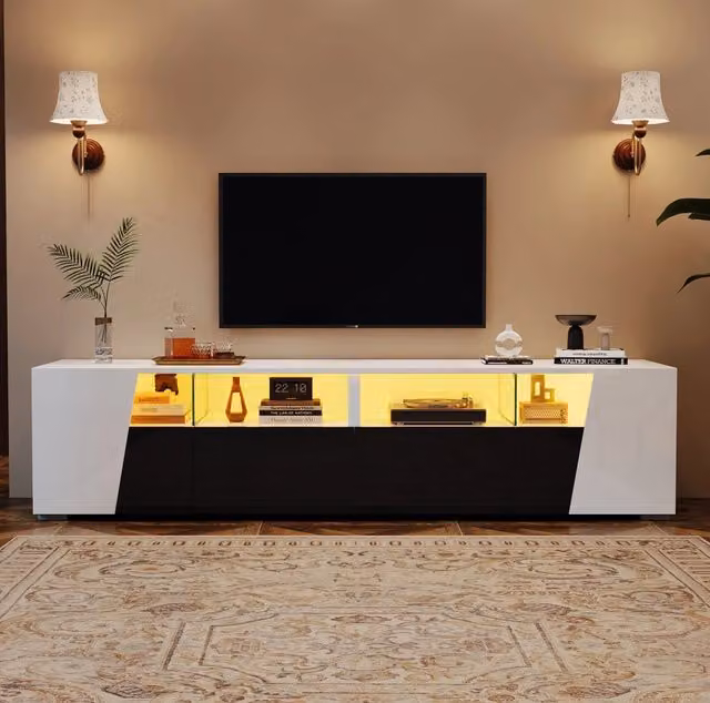 Mobile TV Laccato Nero e Bianco con Illuminazione LED, 180x38,5x45 cm, 2 Cassetti e 2 Ante, per TV fino a 80"