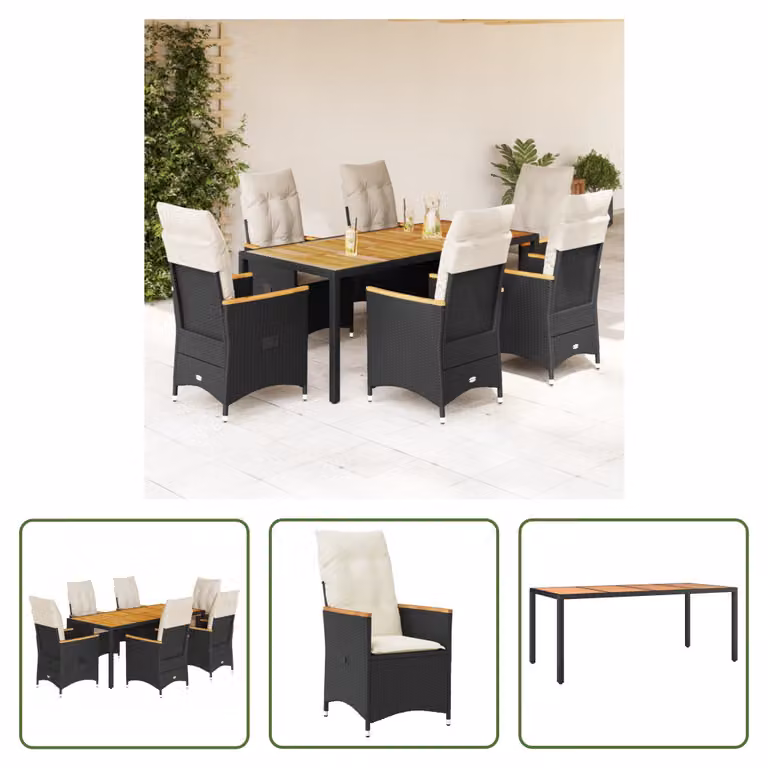 The Living Store Set da pranzo da giardino 7 pezzi con cuscini in polirattan nero