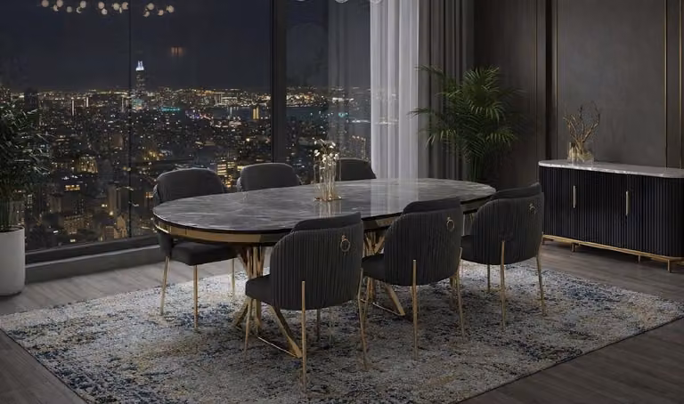 Tavolo da pranzo con 6 sedie, stile moderno, colore nero, forma ovale, confortevole