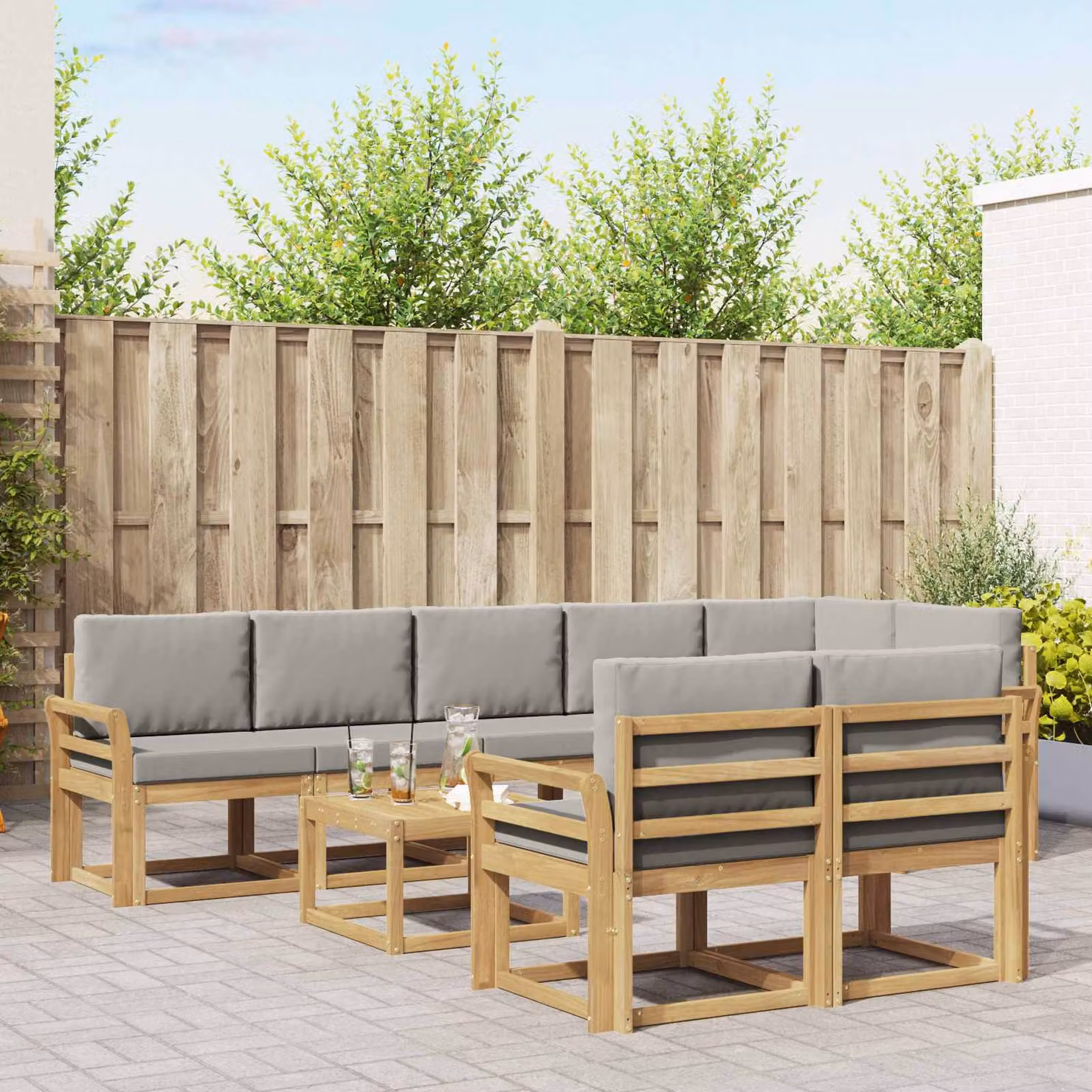 vidaXL Set di divani da esterno a L in legno di acacia con cuscini, 9 pezzi, Bianco, Grigio e Marrone