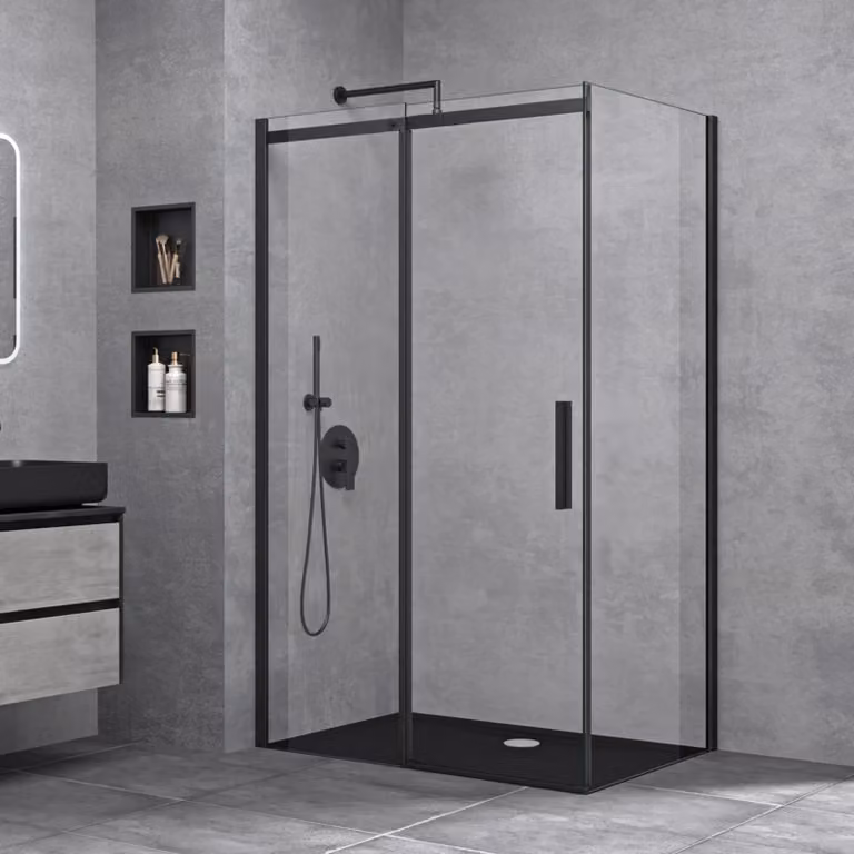 doporro Box Doccia Angolare 80x120x195 cm con Porta Scorrevole e Parete Fissa in Vetro Temperato Trasparente Anticalcare, Profilo Nero Opaco, Piatto Doccia Incluso - Ravenna18k