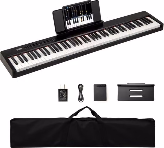 Tastiera elettrica portatile Design Mania con 88 tasti a grandezza naturale, pedale sustain MIDI e connessione USB-C, colore Nero
