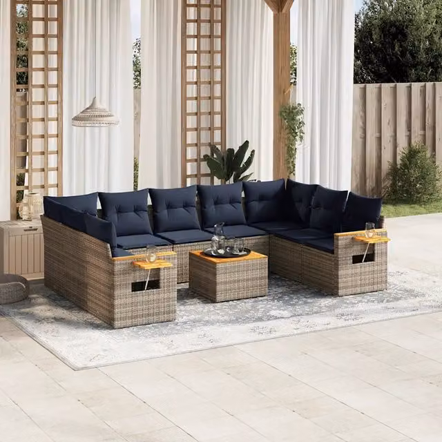 Set Divani da Giardino 10 pz con Cuscini Grigio in Polyrattan 3227125