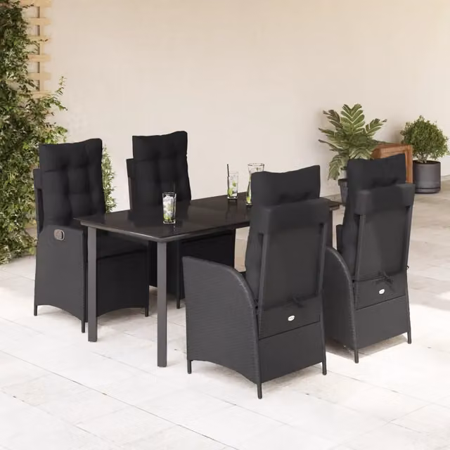 Set da Pranzo da Giardino 5 pz Nero con Cuscini in Polyrattan 3213188