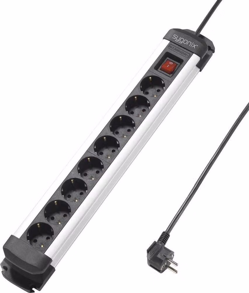 Sygonix SY-4538258 Presa multipla con interruttore a 8 vie nero, contatto di terra argento 1 pz (SY-4538258)