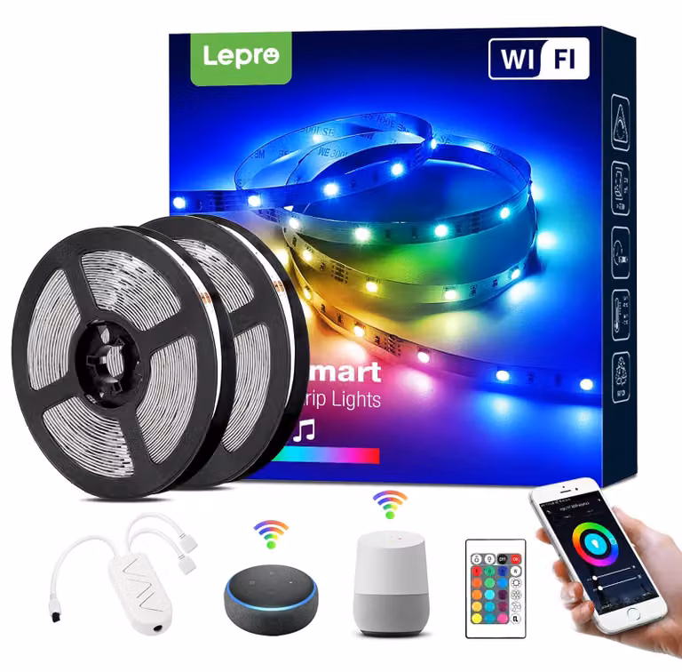 Striscia LED da 10 metri, RGB, dimmerabile, con connessione WiFi, controllo tramite musica, 300 LED