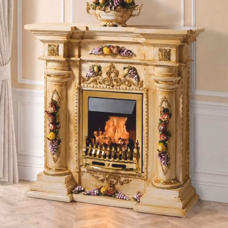 Camino elettrico in Vetroceramica "Casa Padrino" in stile barocco, con illuminazione LED, beige/multicolore/oro, 135 cm - Arredamento in stile barocco - Prodotto in Italia