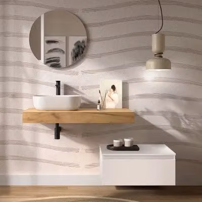Composizione bagno Sumo con mensolone rovere africa da 120 cm e cassettiera sospesa bianco opaco da 80 cm