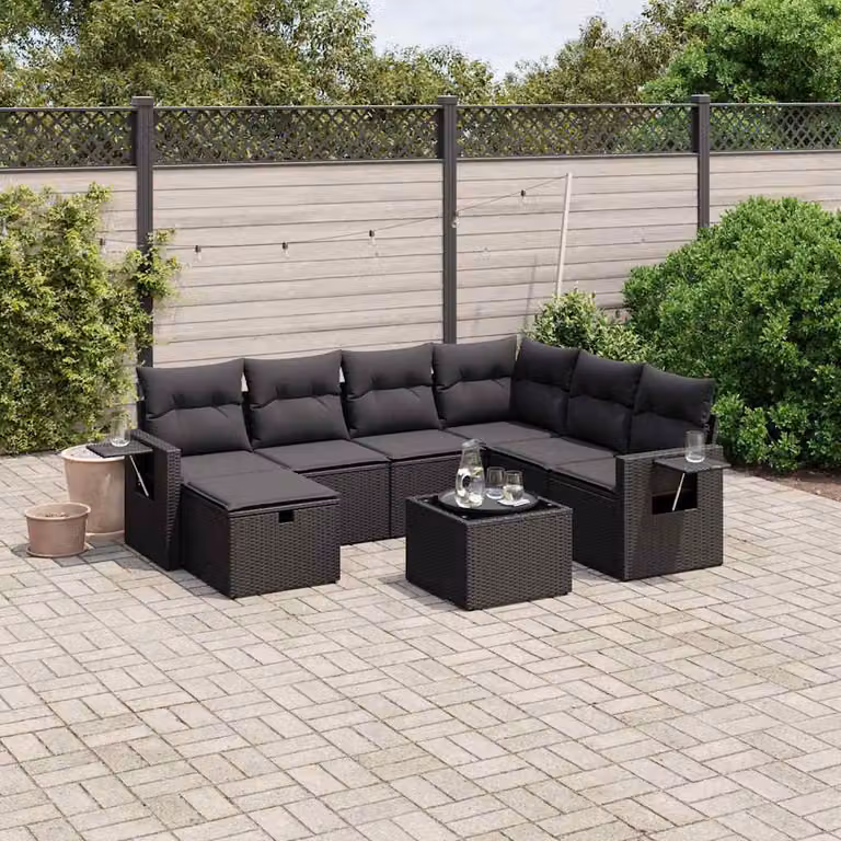 vidaXL Set Divani da Giardino a L con Cuscini 8 pz Nero in Polyrattan e Metallo