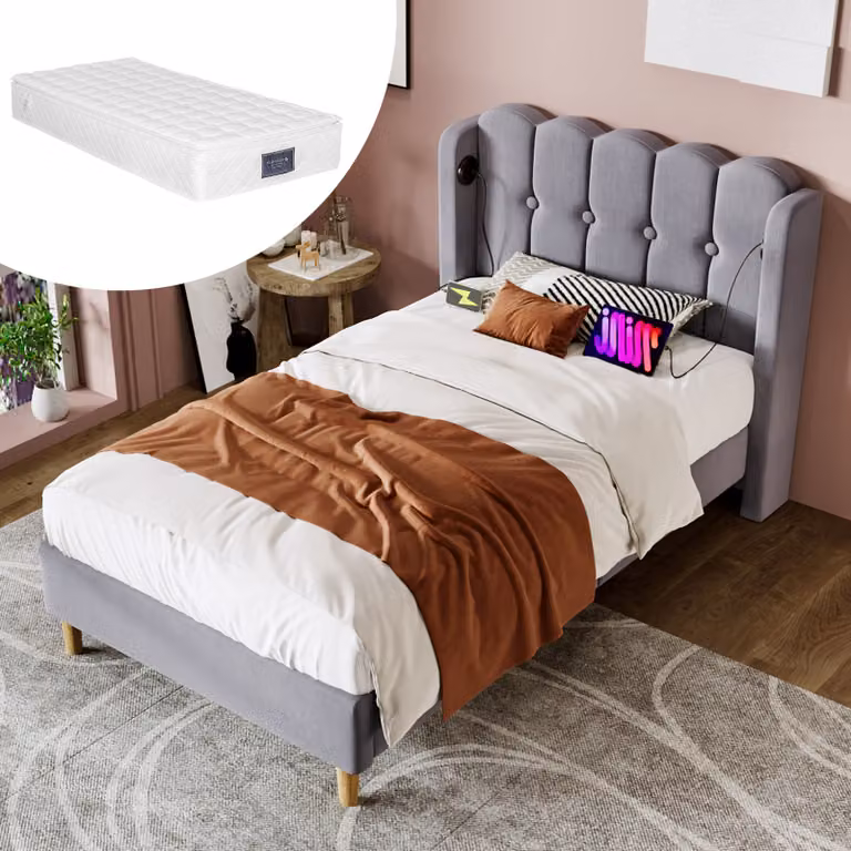 okwish Letto imbottito classico, 90 x 200 cm, letto singolo con ricarica USB Type C, rete a doghe, letto per bambini, velluto, grigio (con materasso)