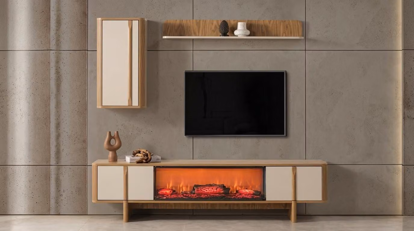 TV board Wandschrank Wandregal Wohnzimmer Stil modern braun Kamin