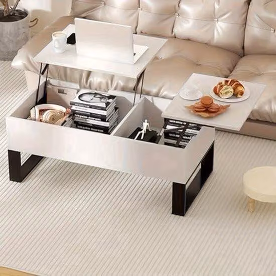 Tavolino da soggiorno - Regolabile e pieghevole - Con spazio contenitivo nascosto - Bianco - 100x50x42 cm