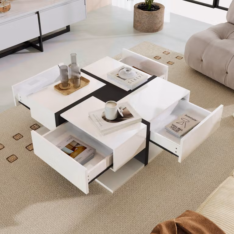 LVHOM Tavolino lucido con cassetti, tavolino da salotto con base, 78x78cx36 cm, bianco/nero
