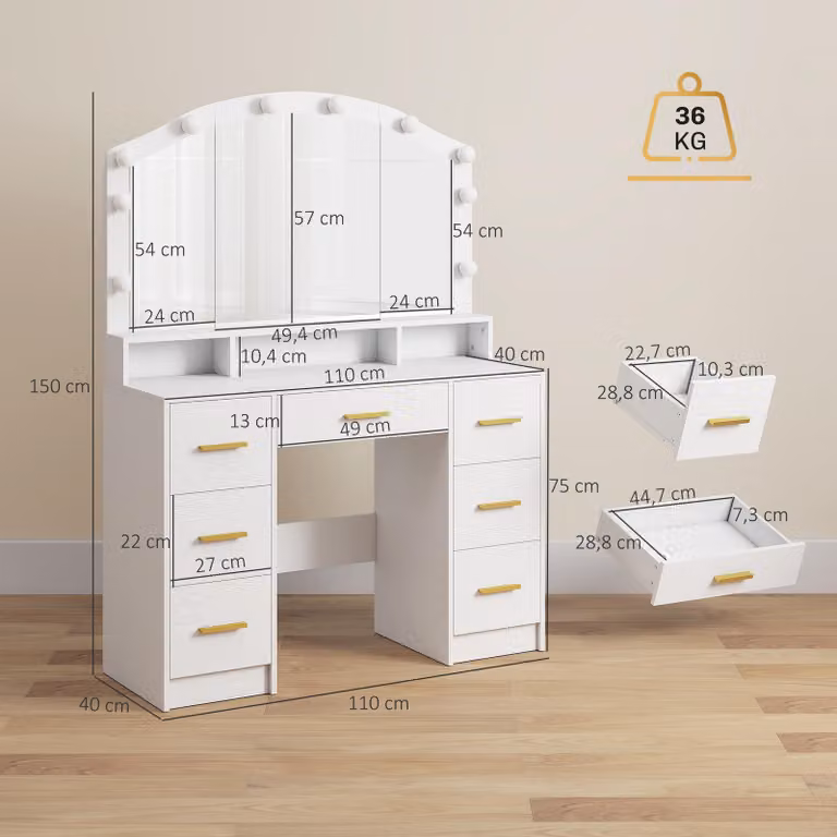 HOMCOM Toeletta con illuminazione a LED a 3 tonalità di luce, specchio e 7 cassetti, bianco