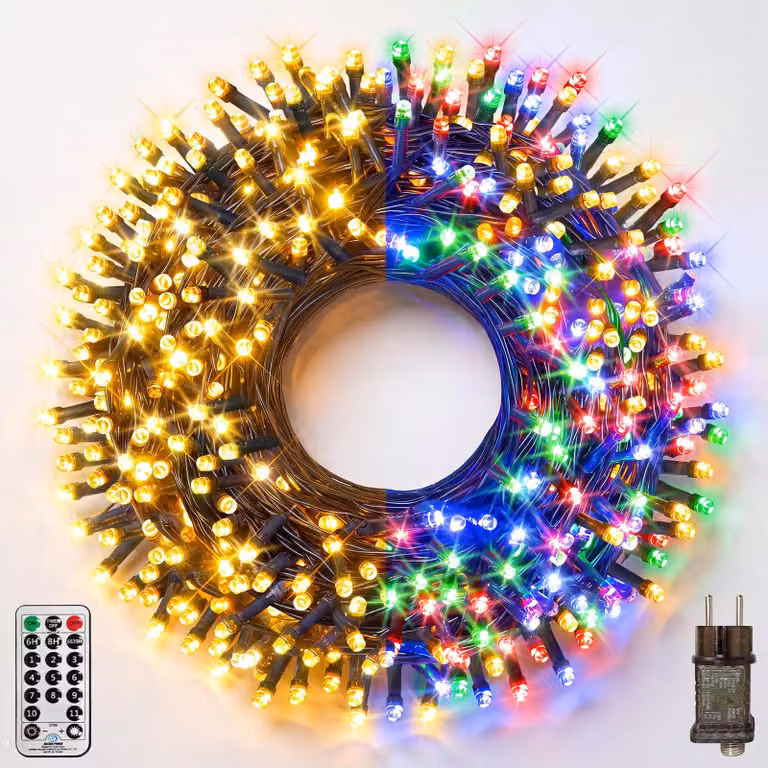 Catena luminosa da 10 metri, bianco caldo e colorata, con 100 LED, inclusa telecomando