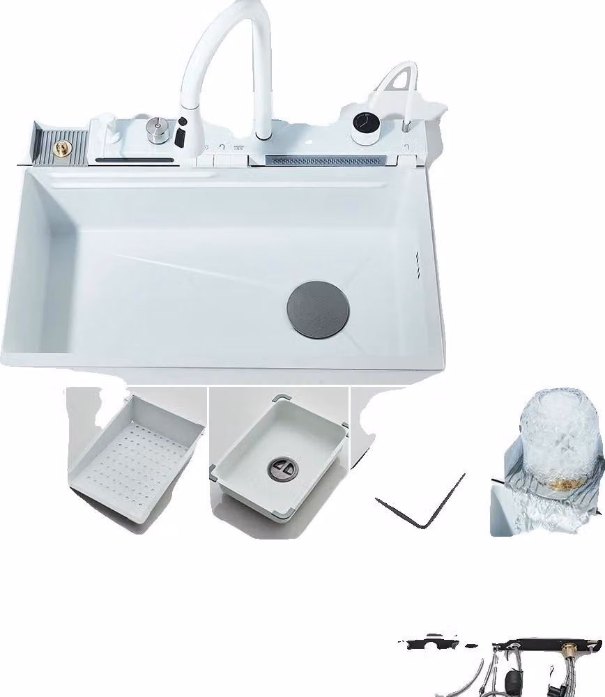 Lavello da cucina in acciaio inox, vasca singola grande, rubinetto con display digitale, bianco A 75X45CM